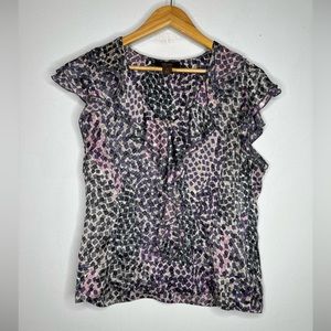 victor alfaro 14 Ruffle Sleeveless Silk Blouse Purple Geometric CPA37‎
